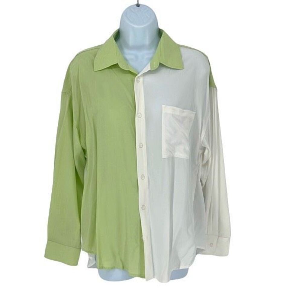 Lush Womens Colorblock Long Sleeve Button‎ Down Shirt Lime Green White Small NWT